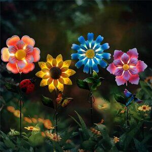 4 Pack Outdoor Solar Lights Outdoor Waterproof Metal Art Stick Flowers